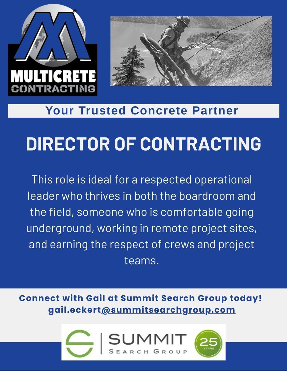 Hiring a Director of Contracting for @multicrete Contracting.

Hands-on leadership, remote project sites, and a chance to make a real impact with a trusted, growing team. 

#mining #engineeringJobs @summitsearchCA
app.loxo.co/job/OTUyNy1kOD…