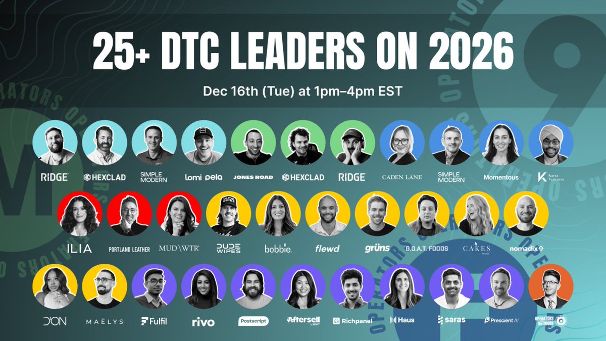 DerekLauermann's tweet image. Dropping my number one learning for the new year live with @9Operators on Dec 16th!

Honored to be speaking alongside some of my DTC heroes like @oliviaakory, @ChereneAubert, @SeanEcom  and so many more.

Don&apos;t miss out 👇

9operators.com/2026