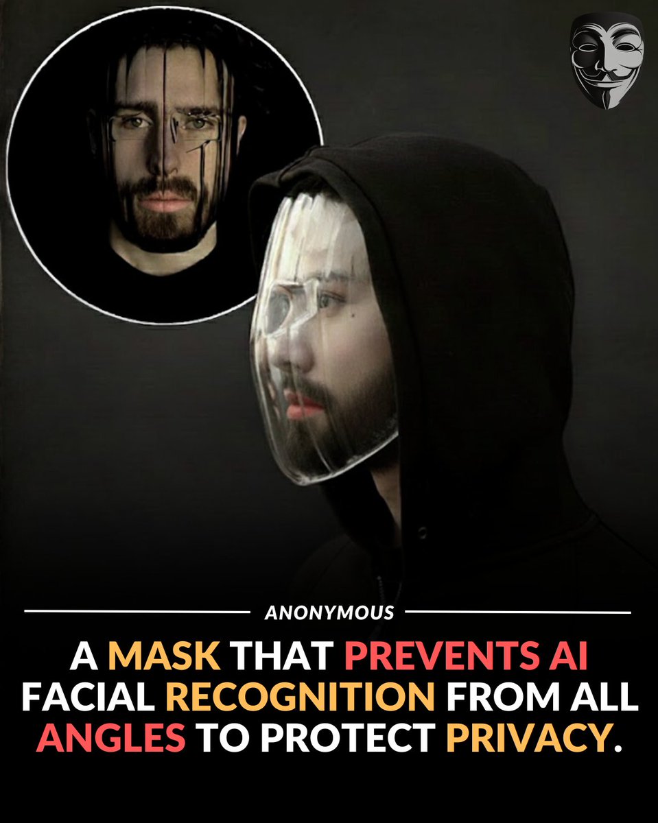 anonymousgroupx's tweet image. A Dutch designer created a transparent mask that confuses Ai facial recognition systems to protect privacy.

This mask has become a symbol of growing digital resistance... a strange looking but clever design that bends and distorts your face so much that AI systems cannot match…
