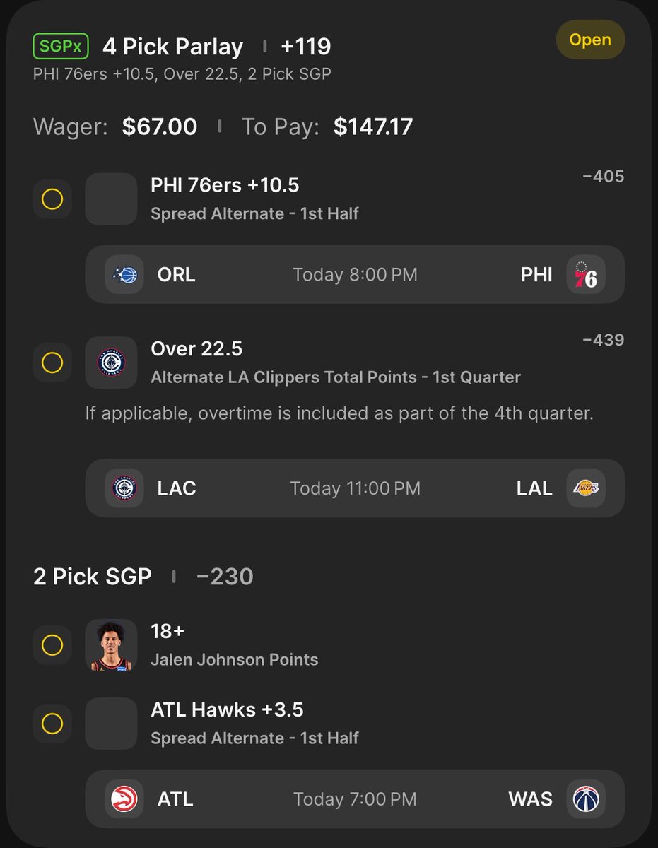 Solid_Stew's tweet photo. Day 1 🪜
$67 ➡️ $5K NBA Ladder Challenge

Day 1: $67 ➡️ $147.17⏳

Every ladder reset just motivates me to find better angles.

I had to get pretty creative since there are only 3 NBA games tonight, which also makes this a risky Day 1! 😬 https://t.co/JR4Xt8Nl92