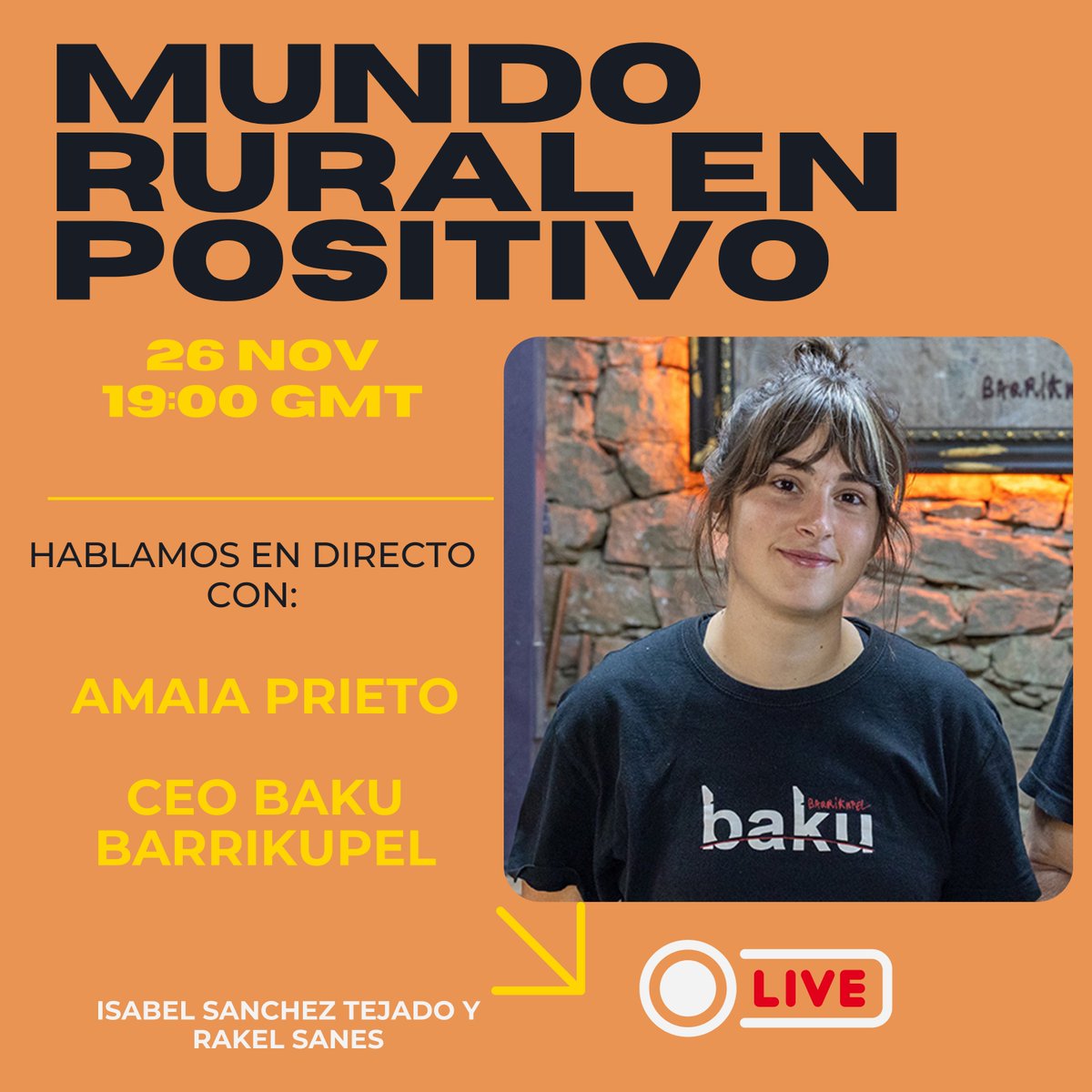 Miércoles a las 19:00 h hablamos con Amaia de Barrikupel / BAKU, un proyecto rural que transforma materiales y transforma miradas 🌿✨
En directo en LinkedIn, Meta y YouTube.
¡Únete! #MundoRuralEnPositivo #Rural