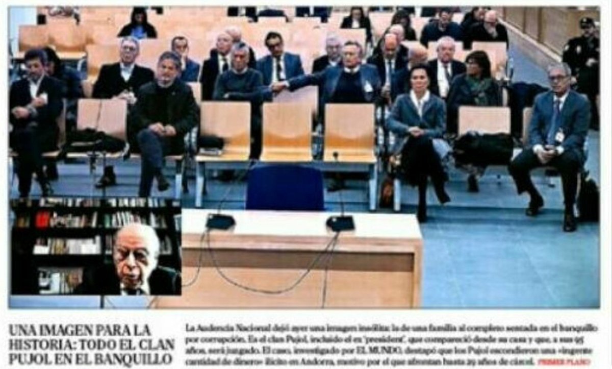 Portada de hoy en <a href="/elmundoes/">EL MUNDO</a>: La "famiglia" al completo, sentada, por fin, en el banquillo de la Audiencia Nacional, con el "capo" por videoconferencia. #JaTocava