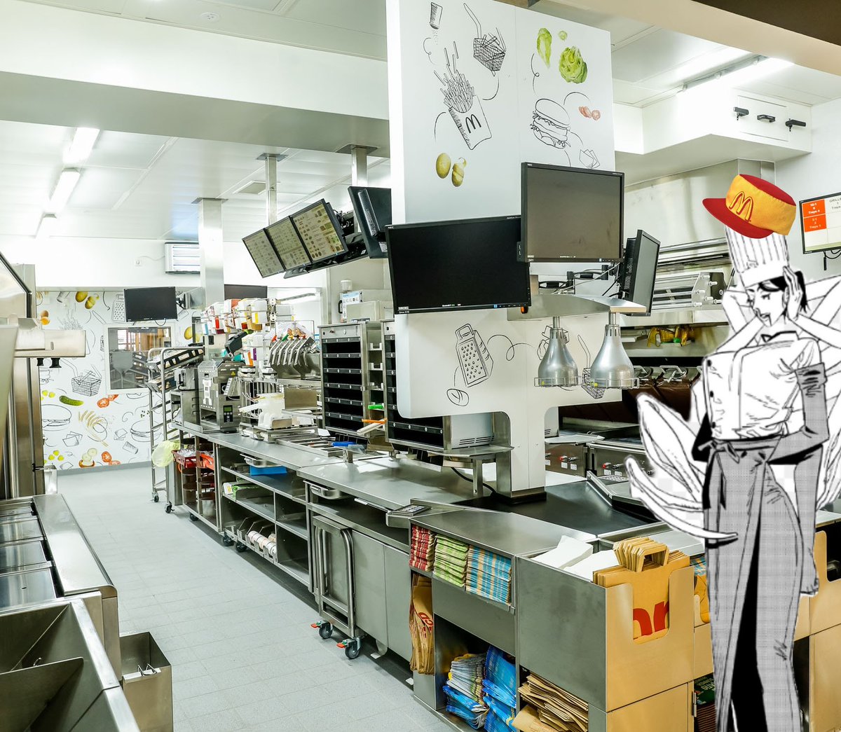 FALLINGCOOK's tweet image. Now that my "very clever" husband has gambled away all our savings, I have to earn them back.

So I've taken over the kitchen of a fast-food restaurant...