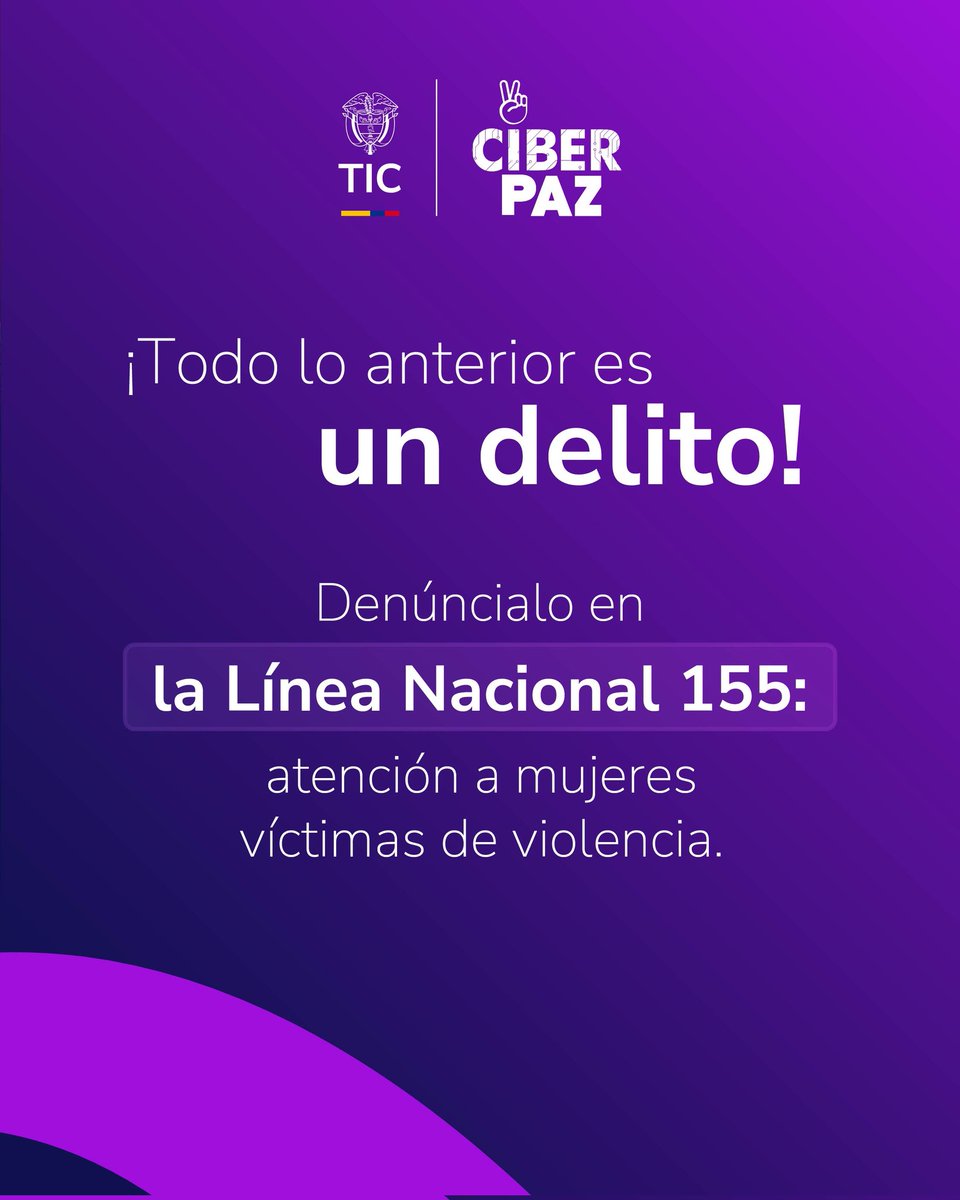 Ciberpazcolombi's tweet image. Los entornos digitales deben ser espacios seguros y sin violencia.

Recuerda que puedes denunciar cualquiera de estos delitos digitales en la línea nacional 155 de la Policía Nacional.

Promueve la cultura #CiberPaz en Internet.
Por una #ColombiaSinMachismos.