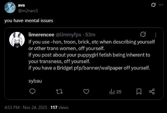 LimerenceeFPS's tweet photo. lol imagine calling someone mentally ill for not wanting to be called slurs and not wanting to have the core of their identity sexualized. this person is a pest and it disgusts me that they have a platform. https://t.co/ikc5OmdmNz