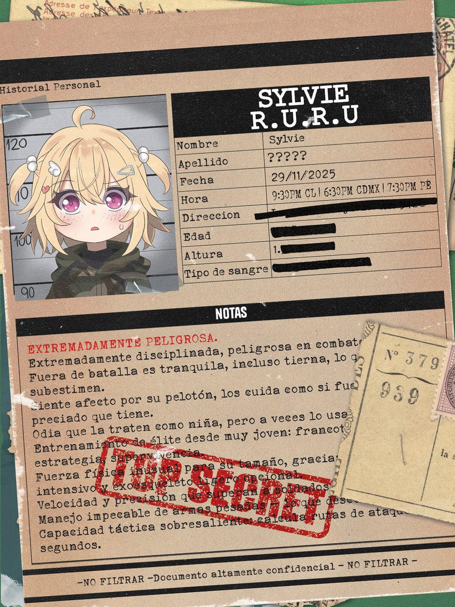 SylvieRuru's tweet image. 📁⚠️ [ALERTA DE INTEL] 

Durante una operación rutinaria… encontramos esto.
Un archivo marcado como TOP SECRET, con datos de una tal Sylvie del ejercito R.U.R.U.

Pequeña, peligrosa, disciplinada… ¿¡quién demonios la dejó suelta!? 👀

Este sábado revelaremos más información.…