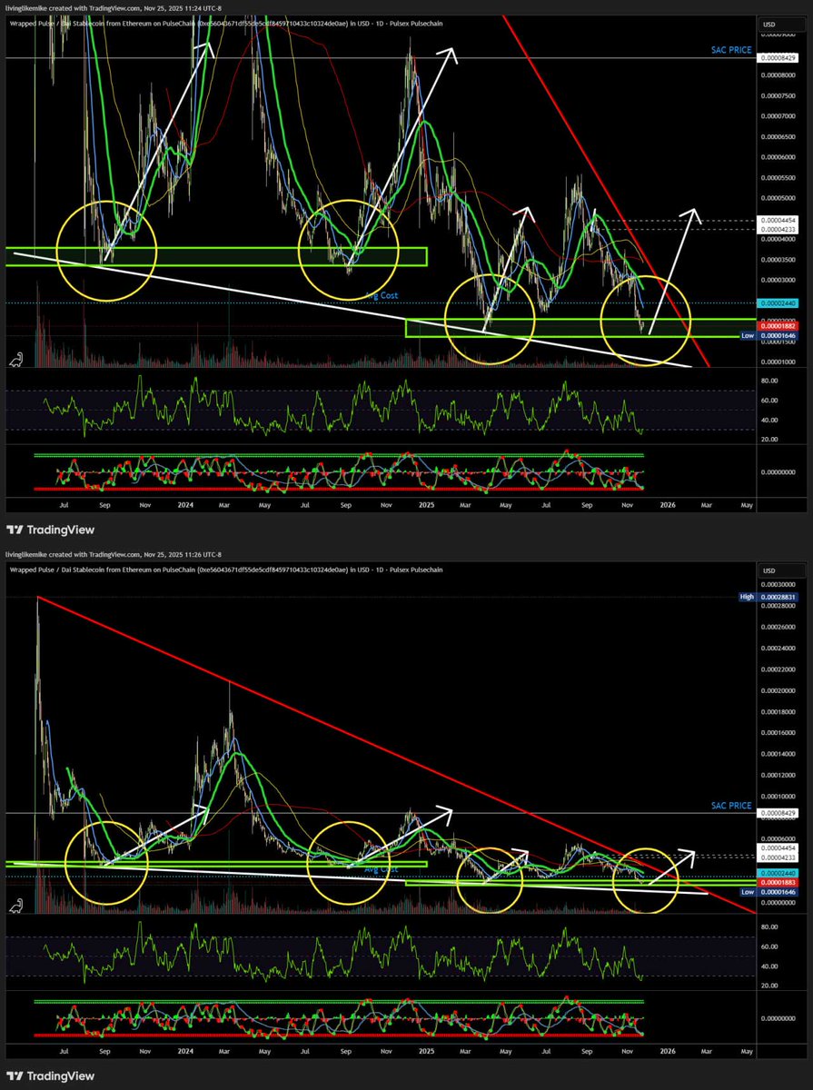 livinglikemike's tweet image. This is what happened at previous double bottoms in $PLS on #PulseChain 

Breaking above the resistance line may happen by January 2026.