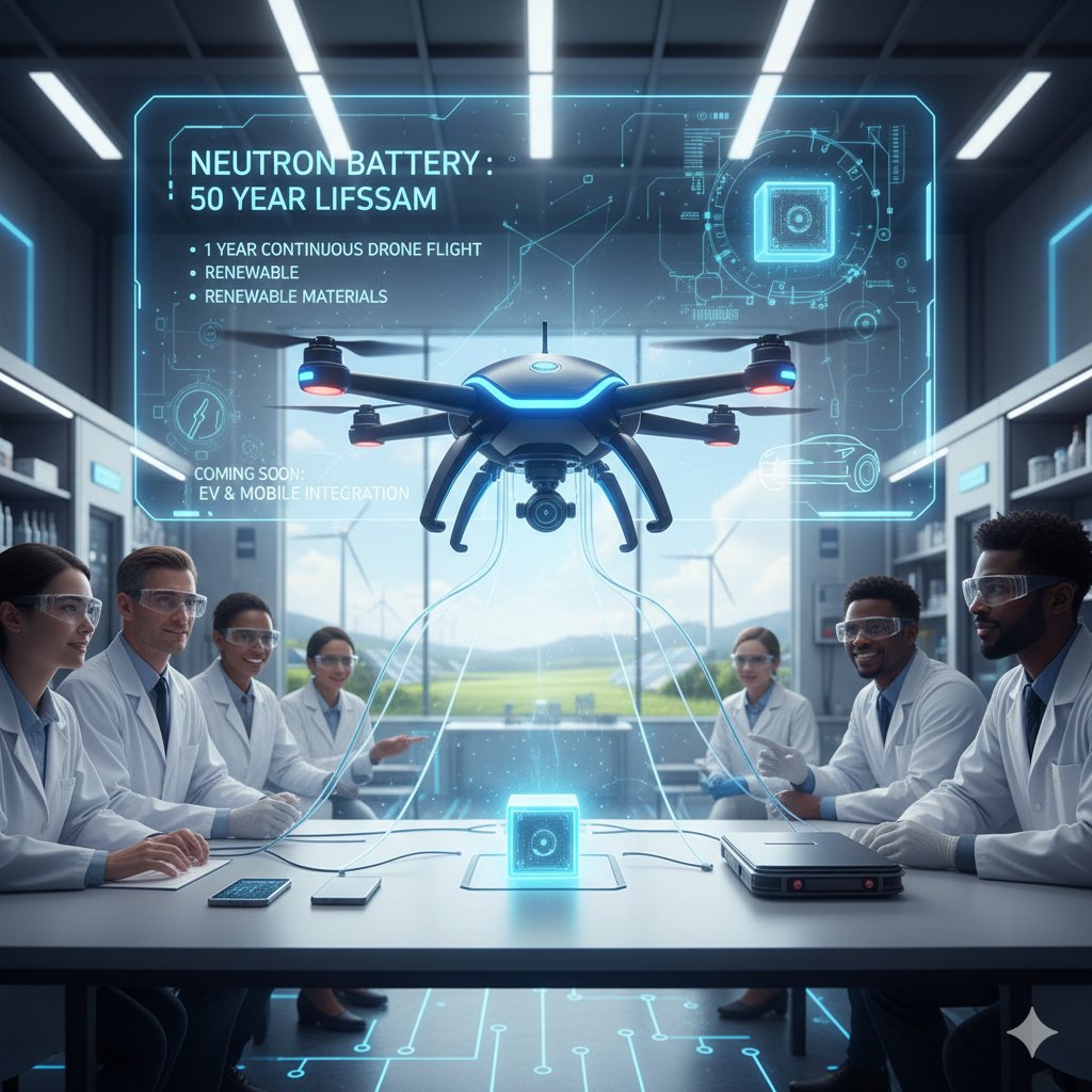 TechFutPulse's tweet image. Battery revolution: 
&quot;Neutron Battery&quot; – Lasts 50 years! 
Tested on drones with renewable materials: 1 year of continuous flight.
Soon to be small enough for phones and electric cars. 
Step by step to infinite energy.