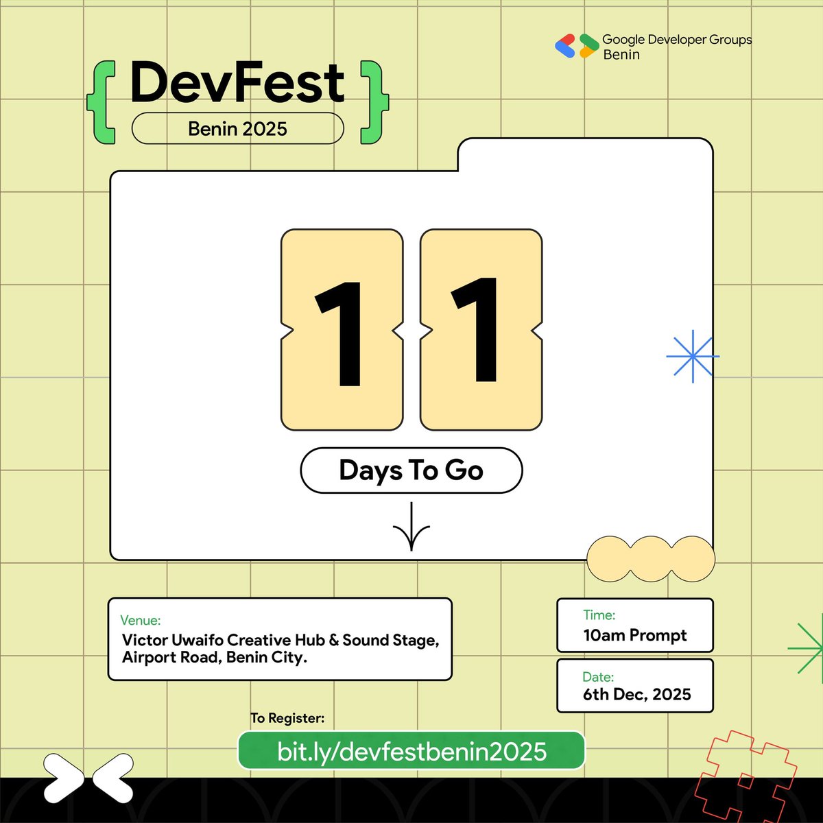 gdgbenin's tweet photo. Countdown: 11 days. β‘π₯
Innovation is about to hit Benin City.
Prepare for liftoff. π
π https://t.co/4M9ES1Ogpd
#DevFestBenin https://t.co/DcZ6chjOgD