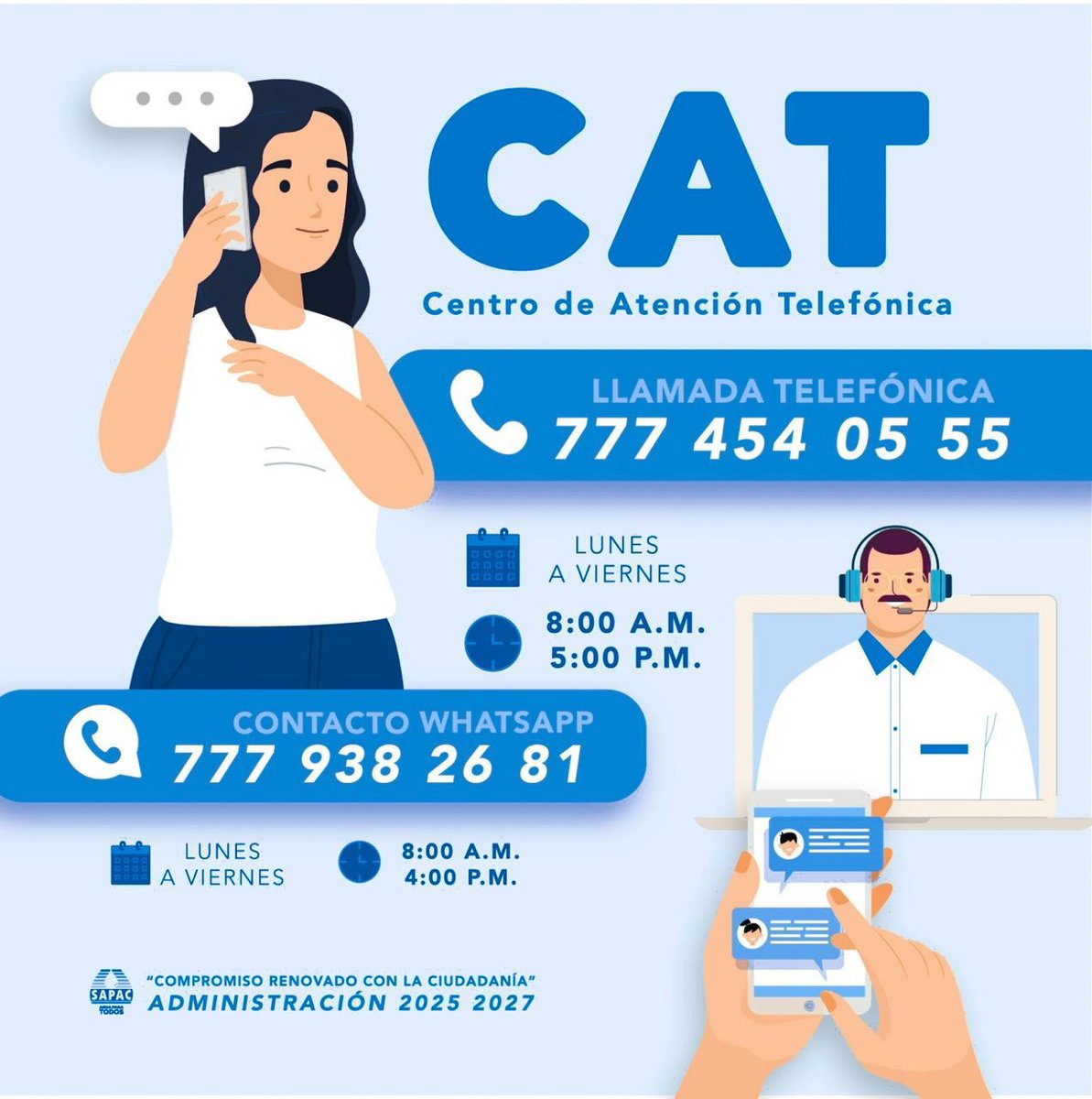 SapacCuernavaca's tweet image. ¿Tienes una fuga de agua, problema de drenaje o falta de servicio en #Cuernavaca?
☑¡Repórtalo fácil y rápido con #SAPAC!
Desde cualquier lugar comunícate al Centro de Atención Telefónica.
📲WhatsApp: 7779382681
🕗L-V 8-16hrs
📞📲Tel: 7774540555
🕗L-V 8-17hrs 🕤Sábados 9-14 hrs