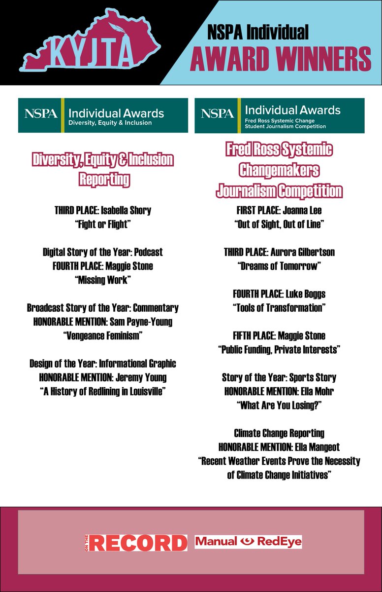 kyjta's tweet photo. Congratulations to our Kentucky Award winners from the JEA/NSPA Convention in Nashville. Strong work from the state. https://t.co/Z76f3ea0qa