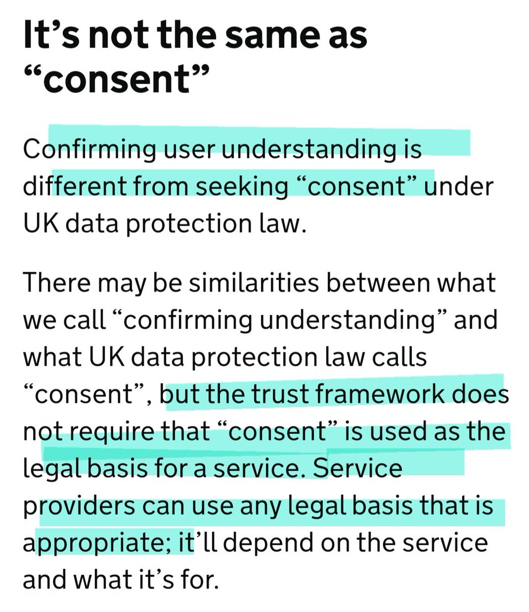 AwakenedOf's tweet image. Look what&apos;s on the official gov enabling digital identity blog

Literally doing away with informed consent as a legal basis as long as there is &quot;user understanding&quot;

The problem is there can&apos;t be user understanding because no one is told exactly what the wider ramifications are