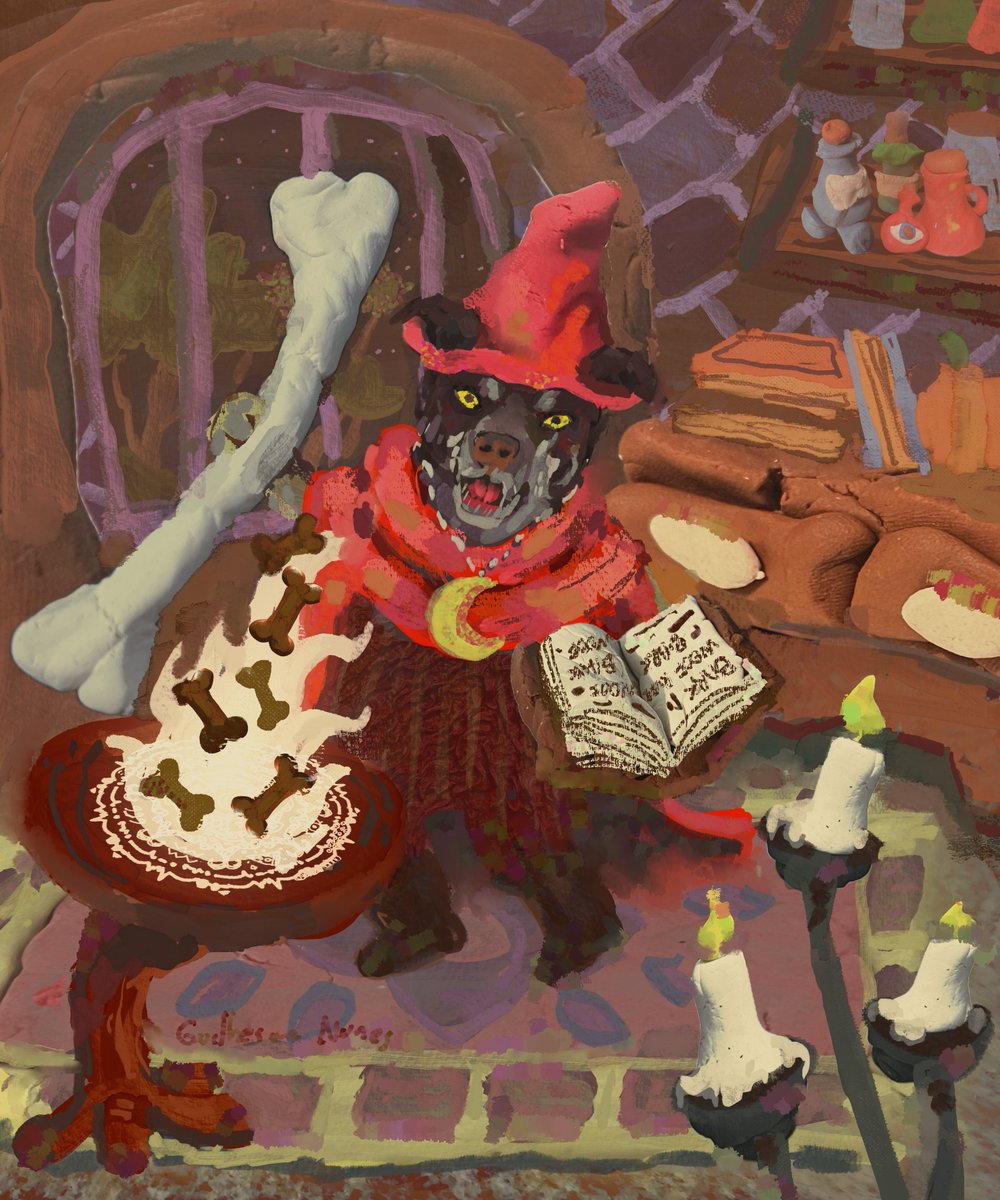 This puppy started studying witchcraft to cast spells that multiply his treats. (commission)