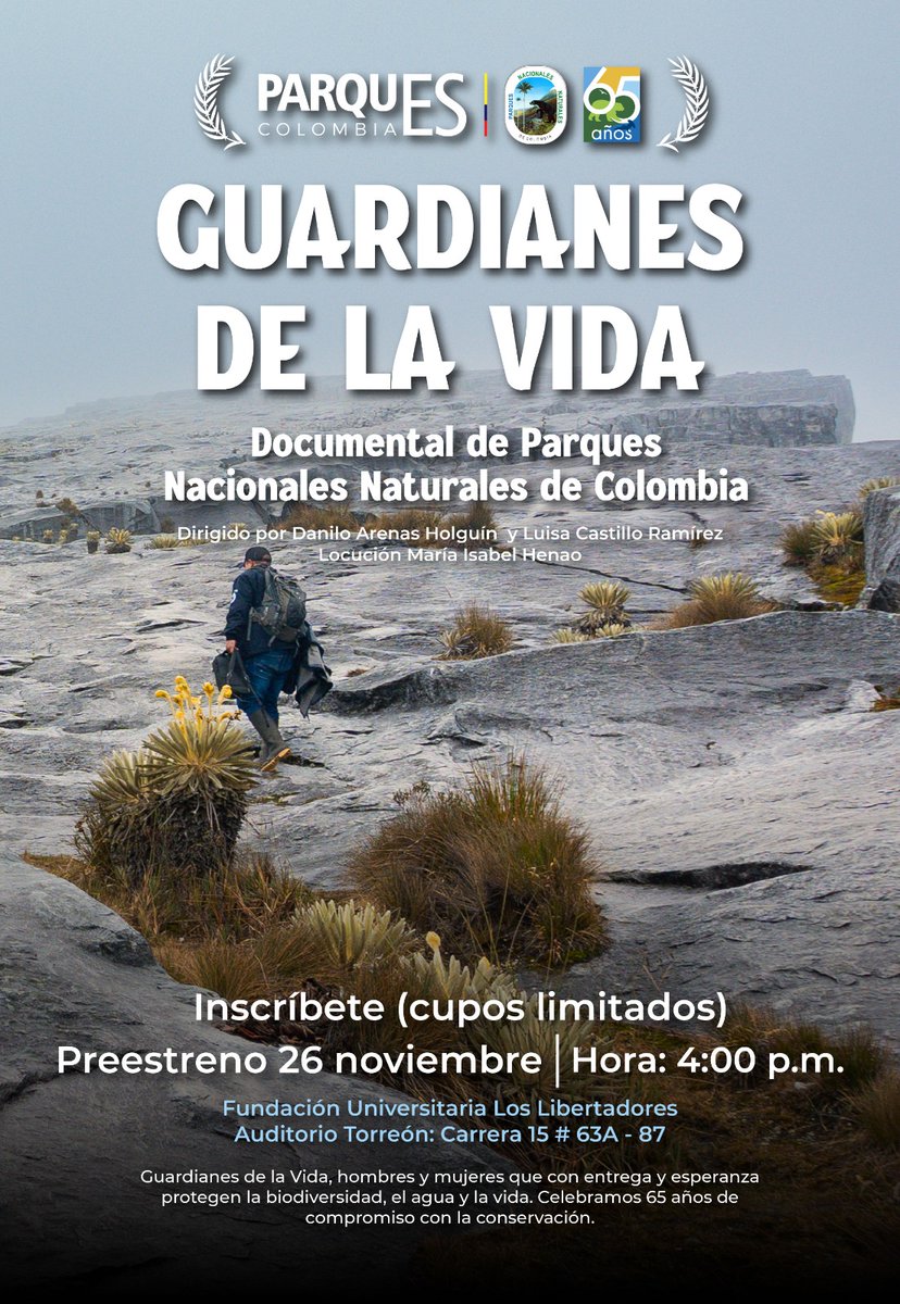 🎬¡Llegó el preestreno de Guardianes de la vida! 
El documental de los #Parques65Años que rinde homenaje a quienes protegen la biodiversidad, el agua y la vida.

📅 26 de noviembre ⏰ 4:00 p. m.
📍 <a href="/UniLibertadores/">Los Libertadores</a>
Inscríbete aquí: forms.gle/d8j4MwoufD5Faj…