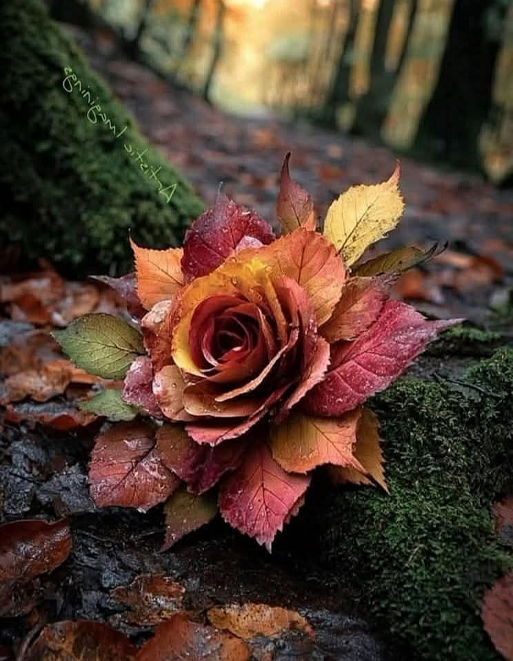 🌹 Une rose réalisée entièrement avec des feuilles d'automne trouvées sur le sol de la forêt. 🍂🍁🍃