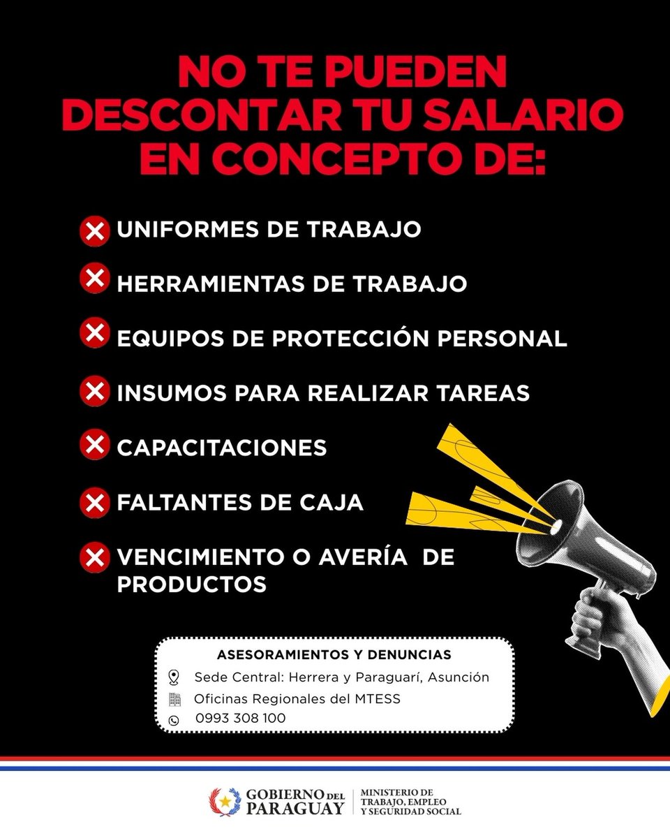 delpynews's tweet image. ▶️NO PUEDEN DESCONTARTE EL SALARIO  | 🔴💸

⚖️El Ministerio de Trabajo emitió un comunicado recordando que el sueldo está protegido por Ley, por lo que  la empresa no puede descontar conceptos que forman parte de sus propias obligaciones.

👉Por ejemplo, uniformes, herramientas,…