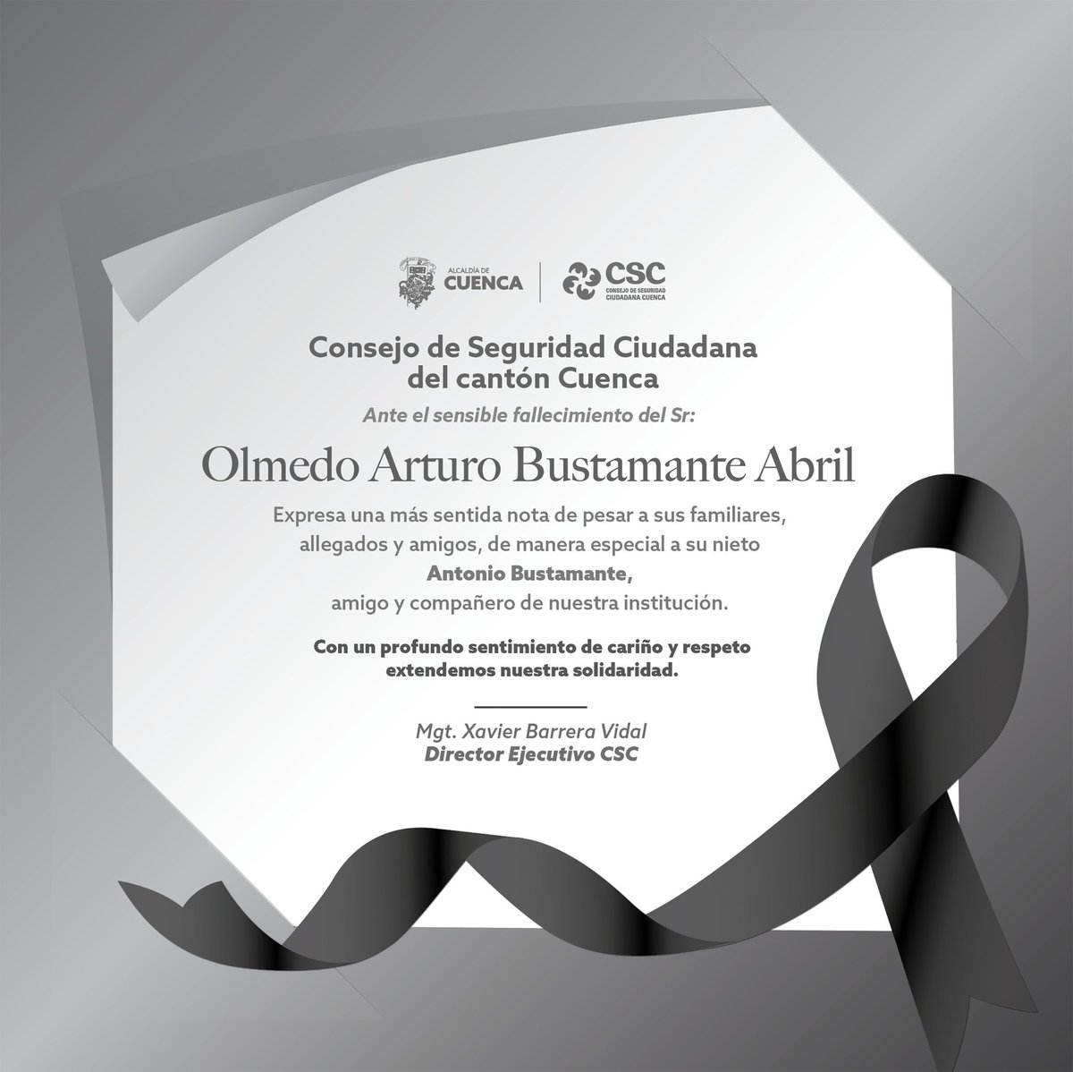 CSC_CUENCA's tweet image. Expresamos nuestro más sentido pésame por el sensible fallecimiento del Sr. Olmedo Arturo Bustamante Abril.

En este momento de profunda tristeza, extendemos nuestras más sinceras condolencias a su familia, amigos y, de manera especial a nuestro compañero Antonio Bustamante. 🕊️