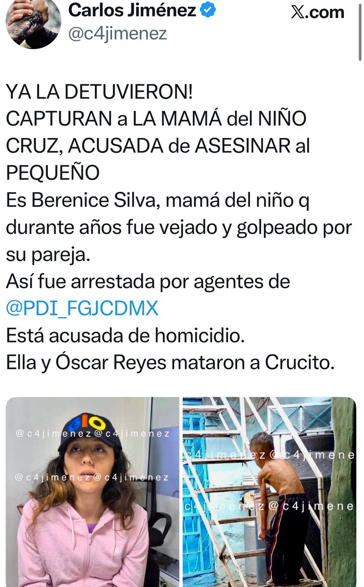 c4jimenez's tweet image. ABSUELVEN a LA MAMÁ del NIÑO CRUCITO
Una jueza determinó absolver a Berenice Silva, mamá del niño q durante años fue vejado y golpeado hasta q lo mataron.
@FiscaliaCDMX la acusaba del homicidio del pequeño, al igual q a su pareja Óscar Reyes.
El MP perdió!

El caso #C4ENALERTA