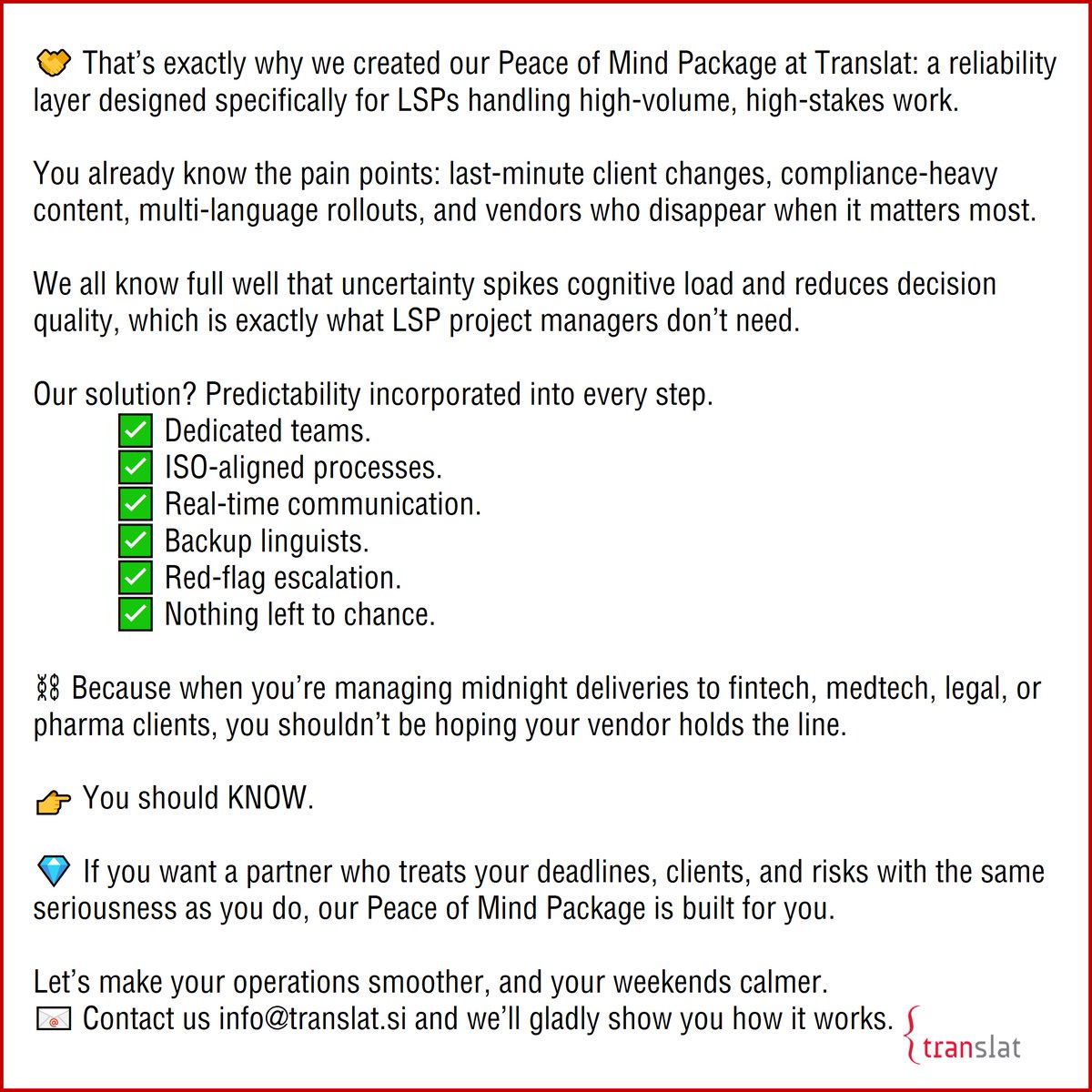 TRANSLAT's tweet image. ❕ When deadlines get brutal, “peace of mind” stops being a slogan. It becomes a business requirement.
Read more 👇
#translat #translation #localization #fintech #medtech #legal #pharma #finance #lifesciences