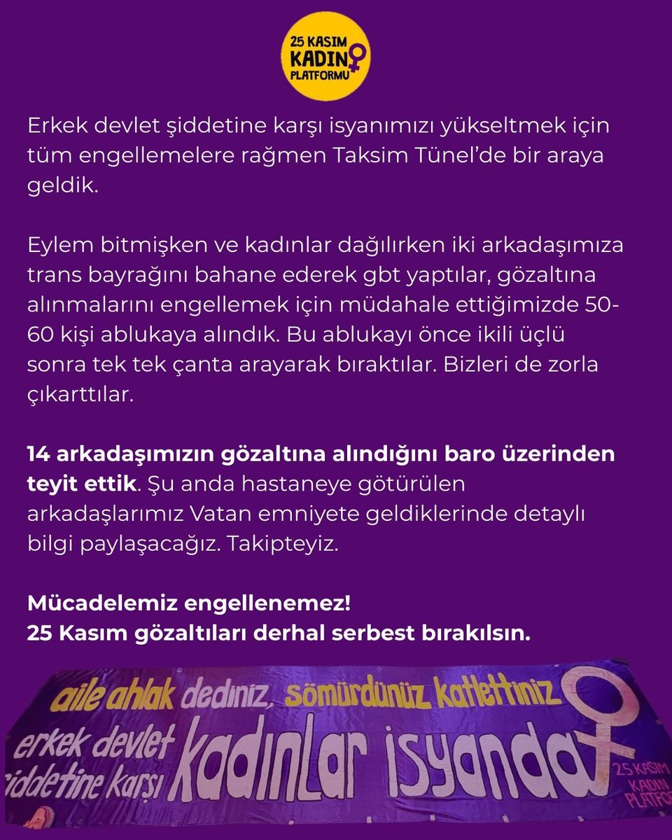 25 Kasım Uluslararası Şiddetle Mücadele gününde keyfi şekilde ve şiddet uygulanarak polis tarafından gözaltına alınan arkadaşlarımız derhal serbest bırakılsın!