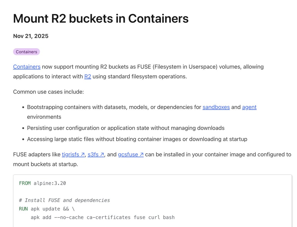 RT @elithrar: 방금 변경 로그로 전송되었습니다. 컨테이너에 R2 버킷을 마운트하세요.