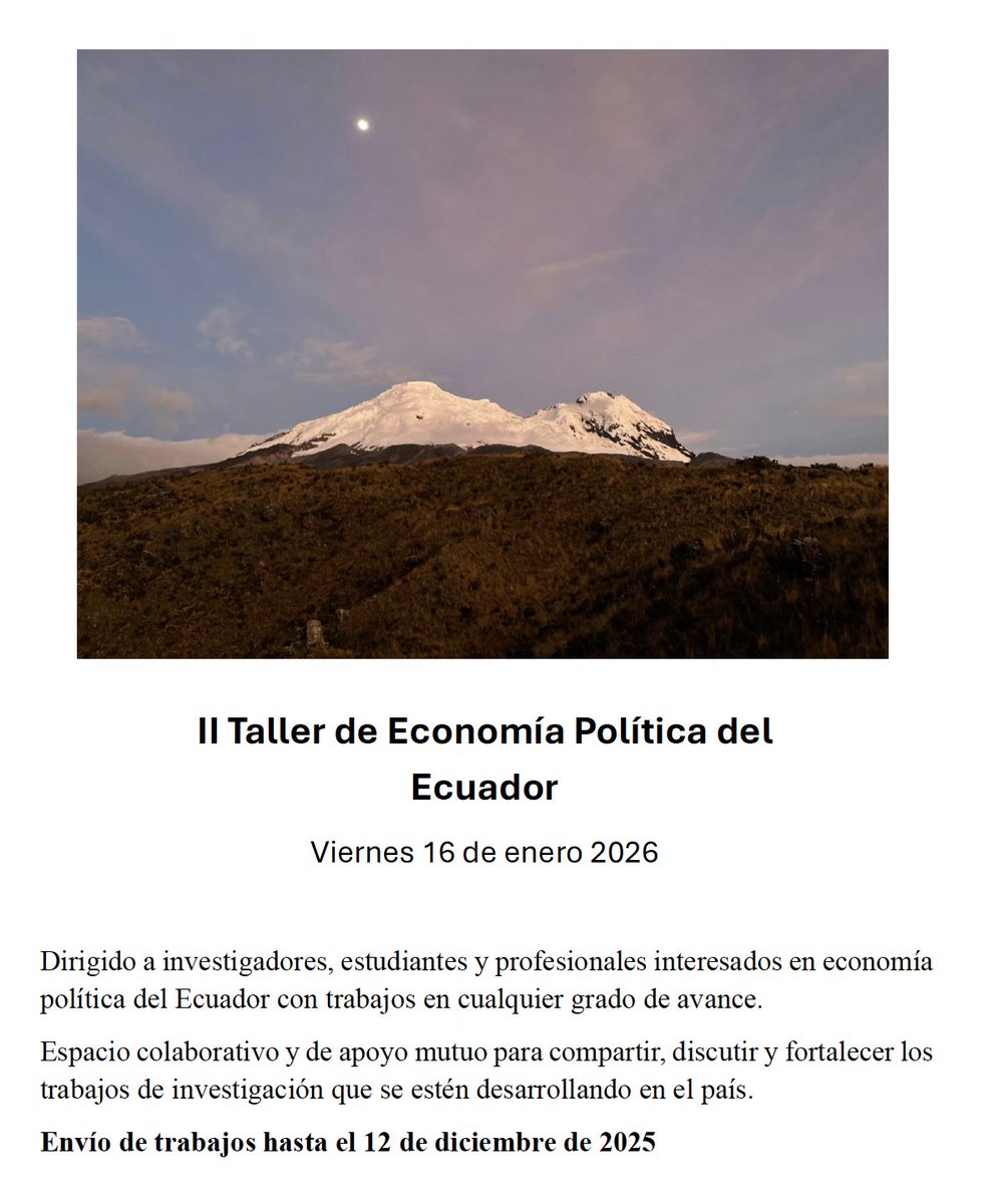 AecipEcuador's tweet photo. 📣 Desde AECIP les invitamos a postular al II Taller de Economía Política del Ecuador 📚🇪🇨.
Una excelente oportunidad para compartir investigaciones, ampliar redes y recibir retroalimentación en un espacio colaborativo entre colegas. Convocatoria abierta hasta el 12 de diciembre! https://t.co/mBp4i6Kcvg