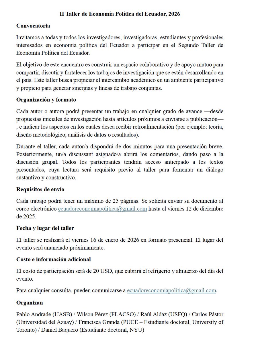 AecipEcuador's tweet photo. 📣 Desde AECIP les invitamos a postular al II Taller de Economía Política del Ecuador 📚🇪🇨.
Una excelente oportunidad para compartir investigaciones, ampliar redes y recibir retroalimentación en un espacio colaborativo entre colegas. Convocatoria abierta hasta el 12 de diciembre! https://t.co/mBp4i6Kcvg