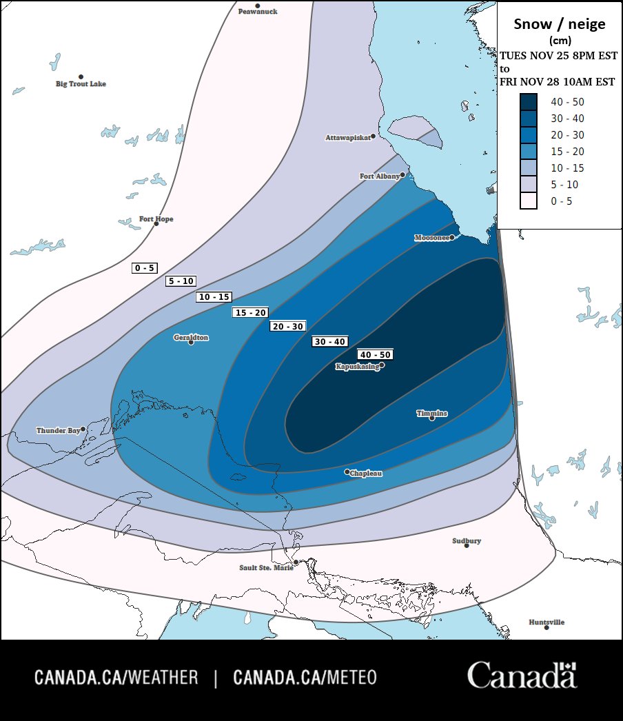 Here comes the snow! 🌨️🌨️🌨️

Over the next couple of days, parts of N &amp; far NE ON will receive heavy snowfall, with the highest amounts possibly exceeding 50 cm over parts of the NE!

Stay up to date with your local forecast here 👉 ow.ly/tghm50XxLZQ

#ONStorm #ONWx