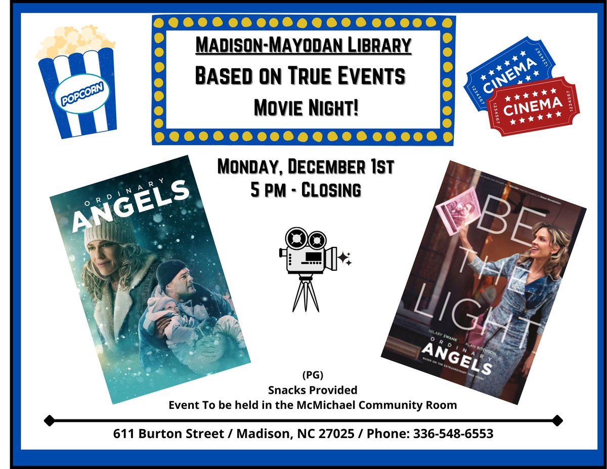RCP_Library's tweet image. Based on True Events Movie Night showing &quot;Ordinary Angels&quot; at Madison-Mayodan Public Library on Monday, December 1st at 5pm! Eden Library Knitting &amp;amp; Crocheting Social meet on Mondays at 1pm! 📽️🪽🧶