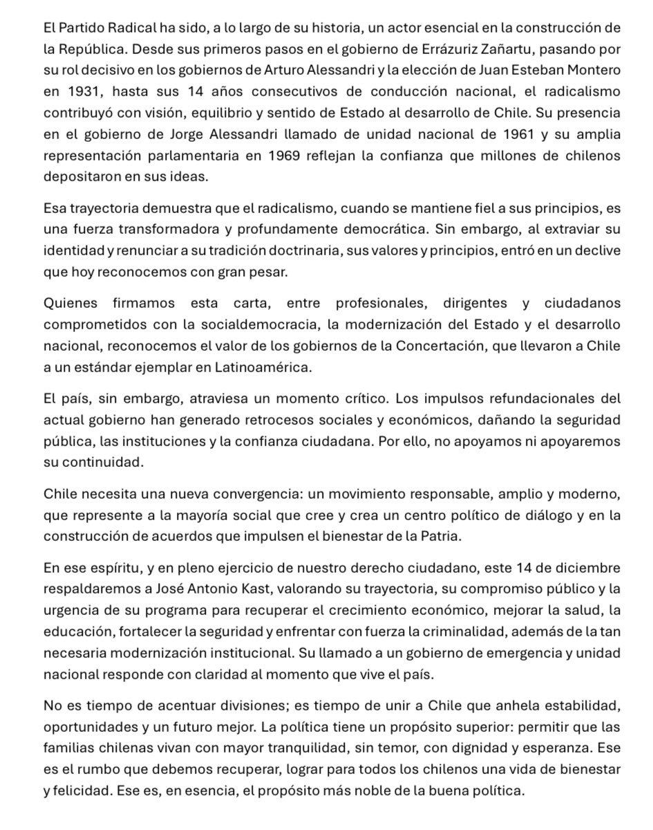 S_Schwartzmann's tweet image. Carta del Partido Radical de apoyo a Kast ya lo llama  Presidente de Chile 2025