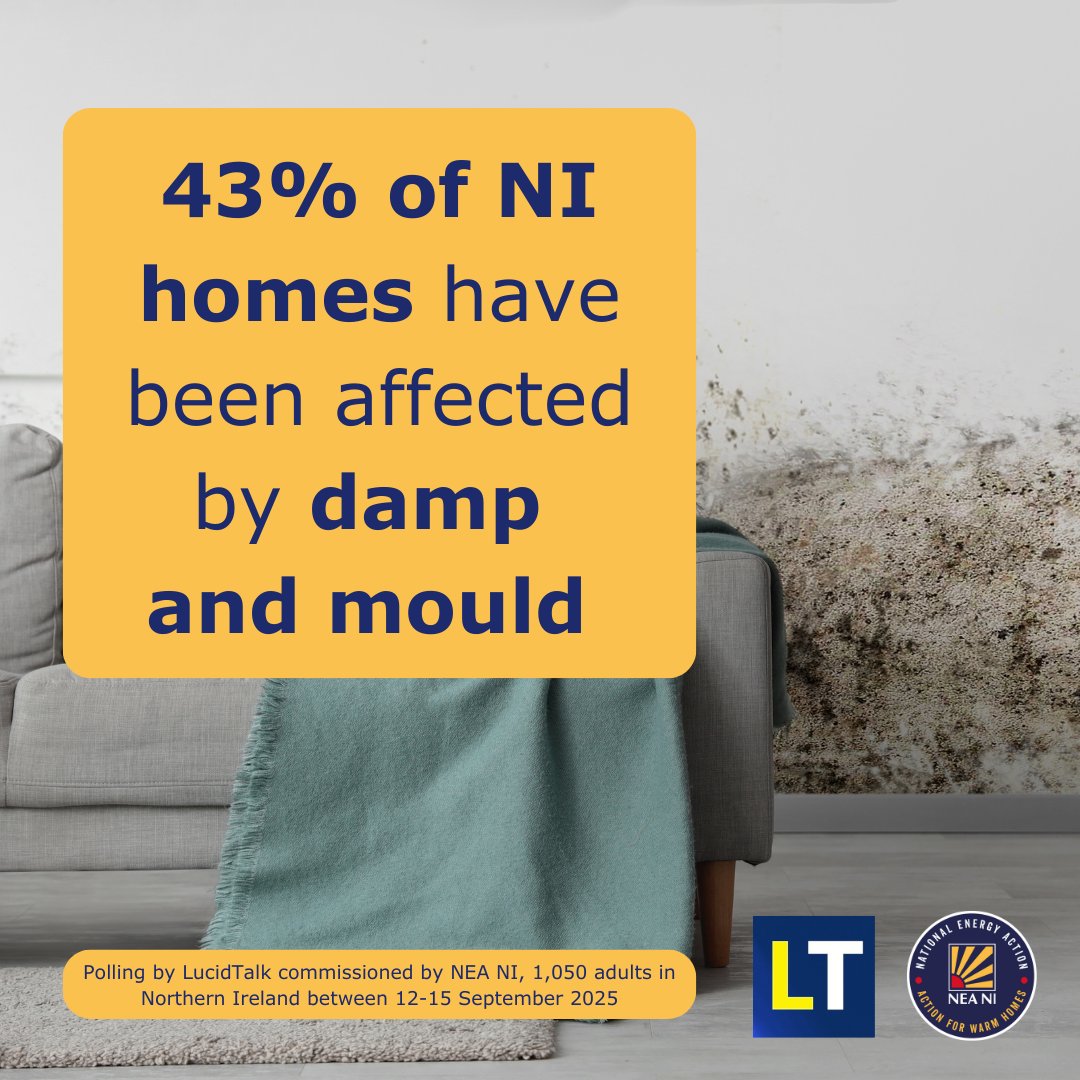 NEANIreland's tweet photo. According to our @LucidTalk poll 43% of NI homes have been affected by damp and mould. Of those, 68% were in the Private Rented Sector.
Support @nea_ukcharity's #FuelPovertyAwarenessDay.
#PRS25 https://t.co/cgIIgfB64a