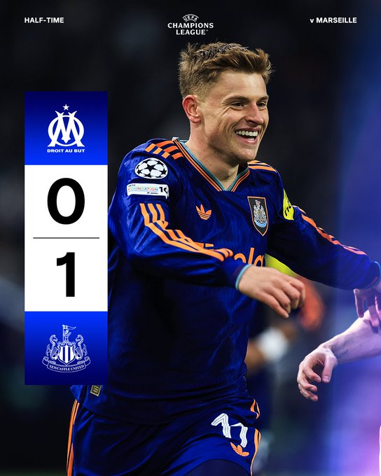 Half-time: Marseille 0 Newcastle United 1.