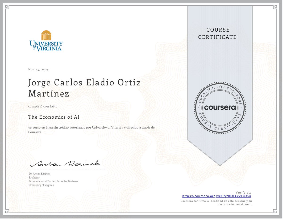 🎓✨ Hoy culmino una etapa importante en mi formación profesional. Terminé el programa “The Economics of AI” impartido por la <a href="/UVA/">UVA</a> . En este curso profundicé en temas como desempleo tecnológico, rentabilidad de la IA y el impacto económico de la automatización.