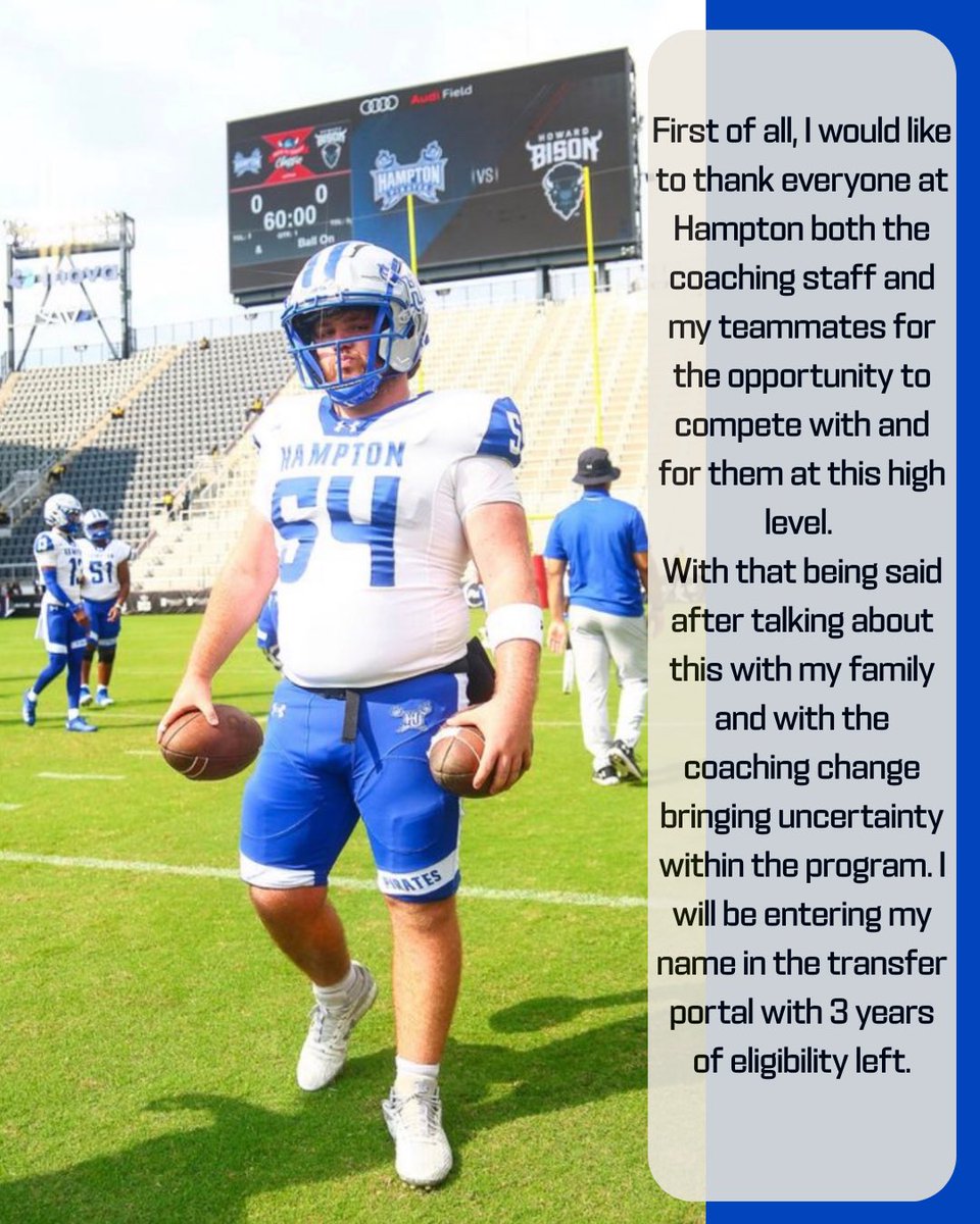 Due to recent coaching changes here at Hampton. I have decided to enter the transfer portal with 3 years of eligibility left.

<a href="/CollegeFBPortal/">College Transfer Portal</a> <a href="/247SportsPortal/">247Sports Transfer Portal</a> <a href="/TransferPortal/">Transfer Portal</a> <a href="/RivalsPortal/">NCAA Transfer Portal</a> <a href="/TheChrisRubio/">Rubio Long Snapping®</a> <a href="/CoachBTSTJ/">Barron Taylor</a>