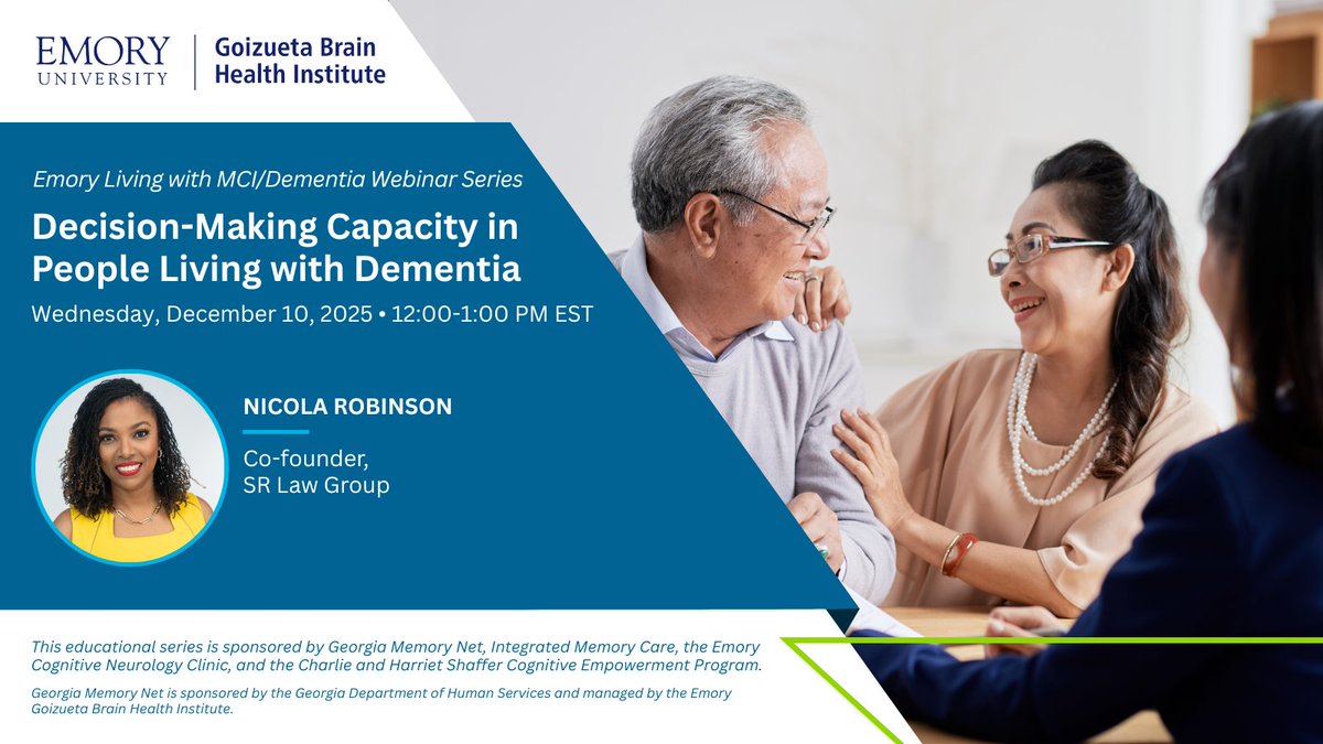 GaMemoryNet's tweet image. Join attorney Nicola Robinson on December 10 at 12 PM for an essential session on decision-making capacity and dementia’s impact on legal matters. Don’t miss this vital opportunity to empower yourself! #DementiaAwareness #LegalInsights #ElderLaw zoom.us/j/92169139023