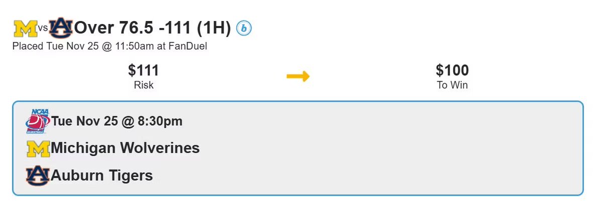SharpHalftmeCBB's tweet image. 🏀 CBB

1H Michigan/Auburn O76.5

HIT ❤️ IF TAILING