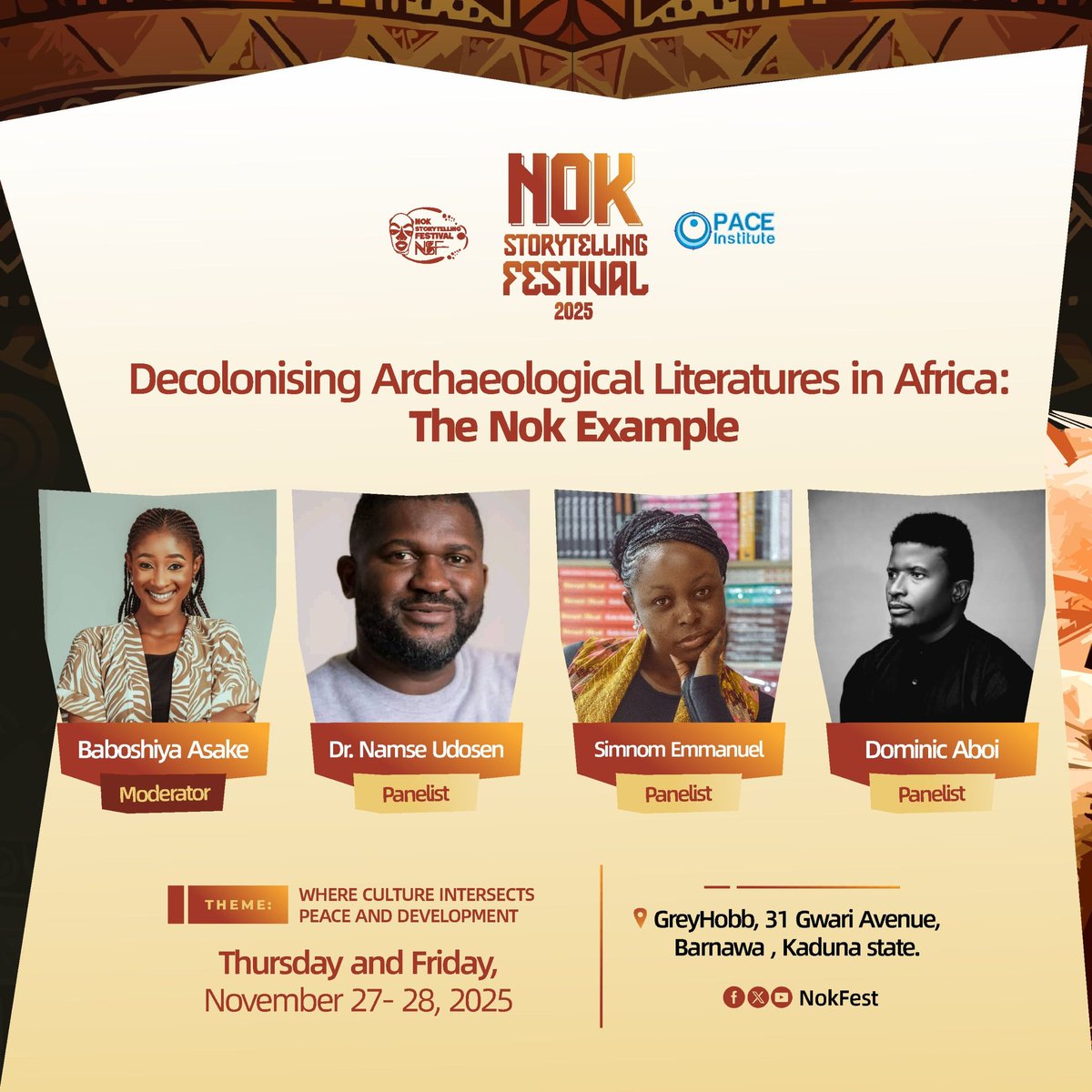 Are you geared up for this insightful conversation? Join Baboshiya Asake as she hosts the panel on “Decolonizing Archaeological Literatures in Africa: The Nok Example” with Dr. <a href="/namse/">namse udosen</a>, <a href="/simnom_emmanuel/">RADIORAT 2.0</a> , and Dominic James Aboi, who will delve into colonial frameworks and