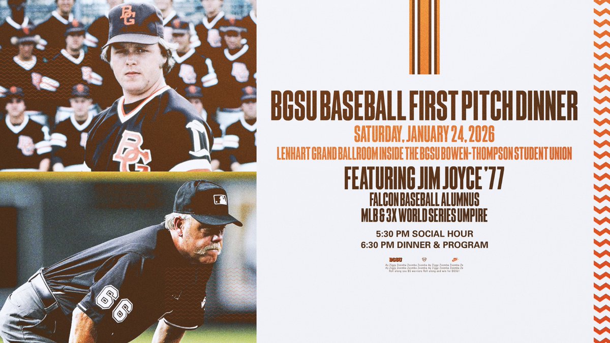⚾️BGSU Baseball To Welcome Back Jim Joyce As First Pitch Dinner Keynote Speaker

⚾️Falcons’ Third Annual First Pitch Dinner To Be Held On January 24

📰: tinyurl.com/22z6xq69
🔗: tinyurl.com/22zd377h

#AyZiggy