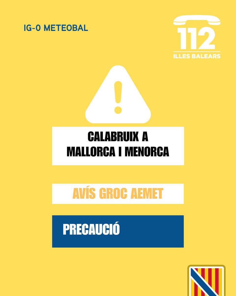 ⚠️ Actualització de les alertes del Pla #Meteobal per meteorologia adversa 🌧️💨🌊

🟠 Activada l'alerta taronja (IG-1) per fenòmens costaners 🌊a Menorca.

🟡 Activada l'alerta groga (IG-0) per fenòmens costaners 🌊 a Mallorca, Eivissa i Formentera. 

🟡 Activada l’alerta groga