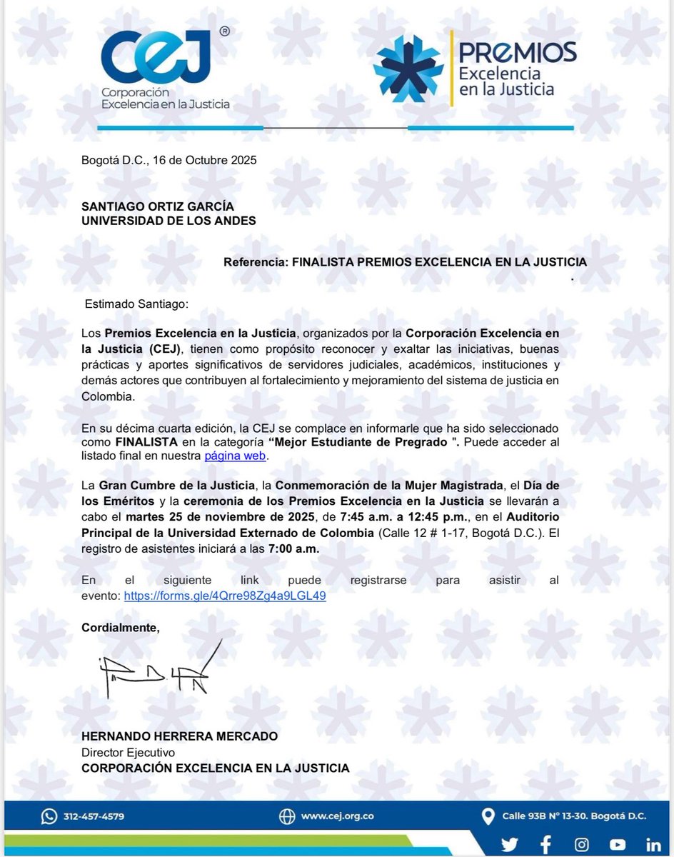Comparto con felicidad que fui finalista en la categoría de Mejor Estudiante de Pregrado en la última entrega de los Premios de la Excelencia en la Justicia.

Es un completo honor hacer parte de este grupo selecto de estudiantes y agradezco el reconocimiento de la <a href="/CEJ_JUSTICIA/">Corporación Excelencia en la Justicia (CEJ)</a>