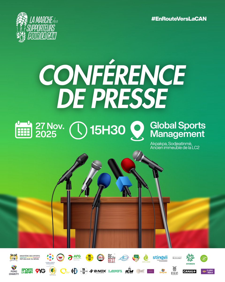 AsdbBenin's tweet photo. 🎙️Conférence de presse ce jeudi 27 novembre 2025 à 15h 30 dans les locaux de Global Sports Management sis à Akpakpa, Sodjeatinmè, Ancien immeuble de la LC2. https://t.co/uRdX0x1xLB