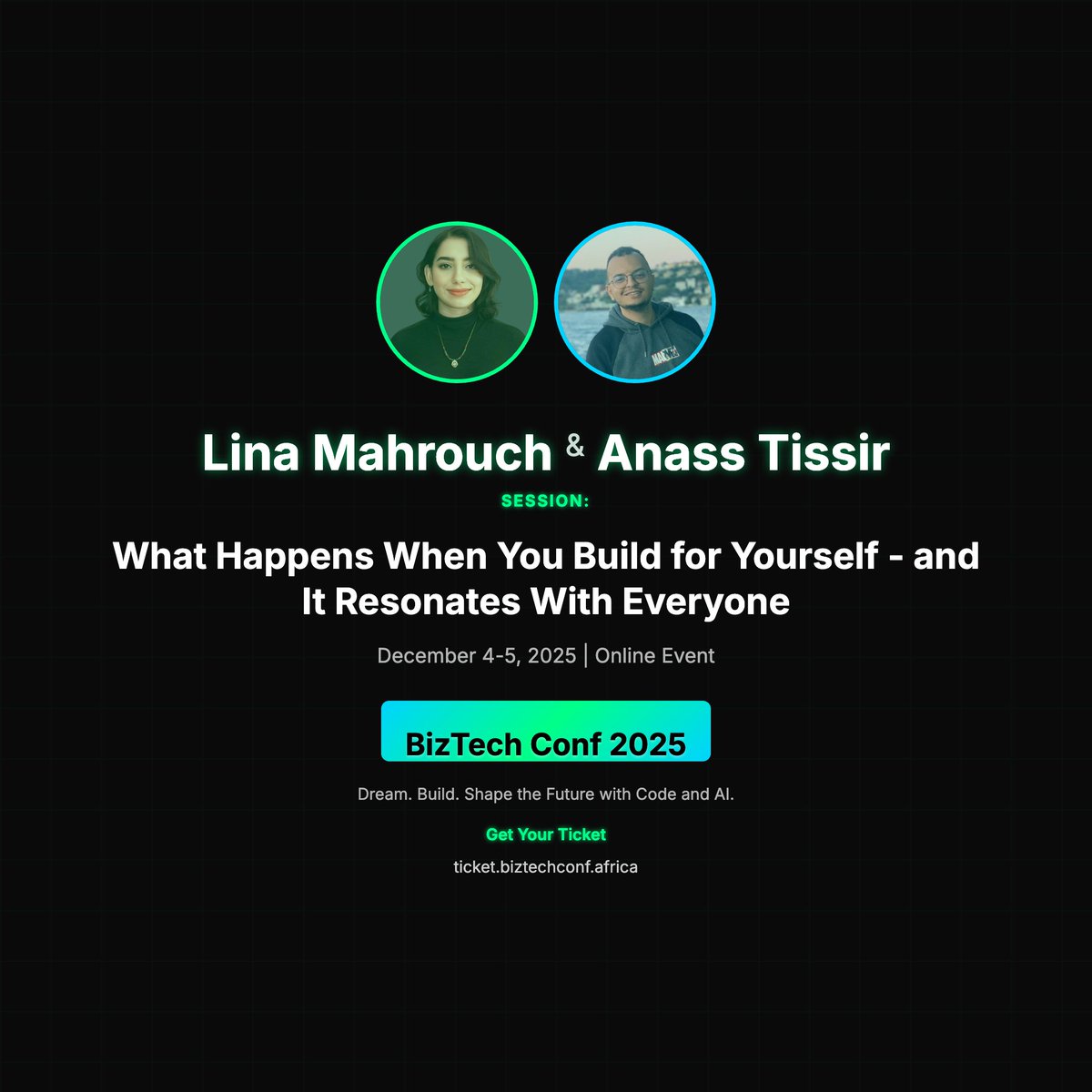 BizTechConf's tweet image. 🎤 Lina Mahrouch with Anass Tissir at BizTech Conf 2025!

📢 &quot;What Happens When You Build for Yourself - and It Resonates With Everyone&quot;

@linamahrouch #BizTechConf2025 #TechConference

🎫 ticket.biztechconf.africa
