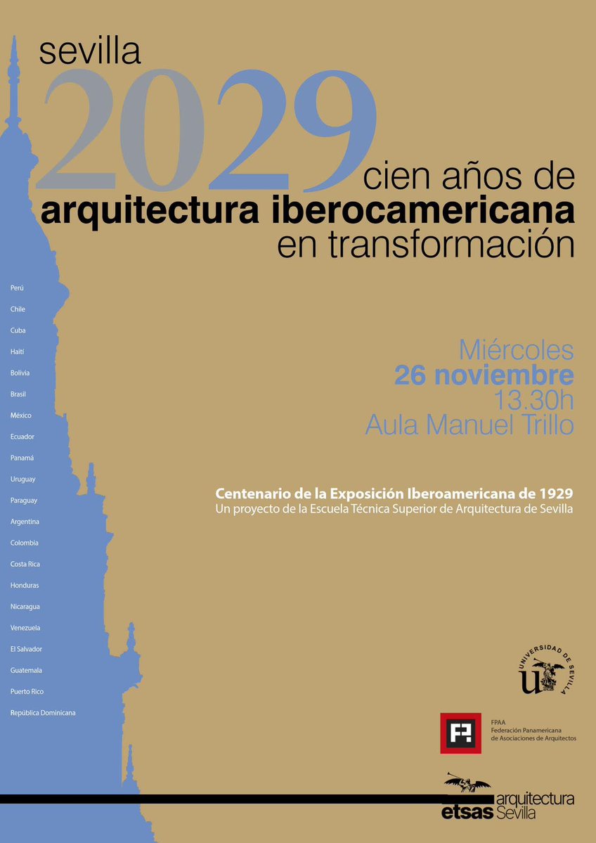 poder_civico's tweet image. ¿Que puedes hacer mañana en nuestro barrio?
Presentación del Proyecto  “Sevilla 2029. Cien años de arquitectura iberoamericana en transformación” que tendrá lugar en Salón de Actos, Aula Manuel Trillo, de la ETSA el próximo miércoles 26 de noviembre a las 13:30 h. Universidad de…