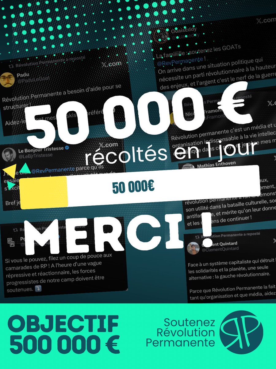 🔴 MERCI ! 50 000 euros récoltés en un jour, en avant pour les 500 000 euros !

Grâce à des centaines de soutiens, notre campagne démarre en force. Continuons ensemble !
👉 don.revolutionpermanente.fr