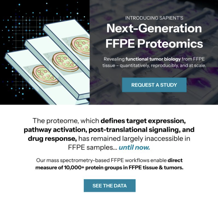 Get more from your #FFPE samples.
Turn archival tissue into a discovery engine. 

Sapient’s FFPE Proteomics measures 10,000+ proteins across key oncogenes, drug targets &amp; pathways to unlock new #biomarker insights.

➡️ lnkd.in/gZpnpwgU
