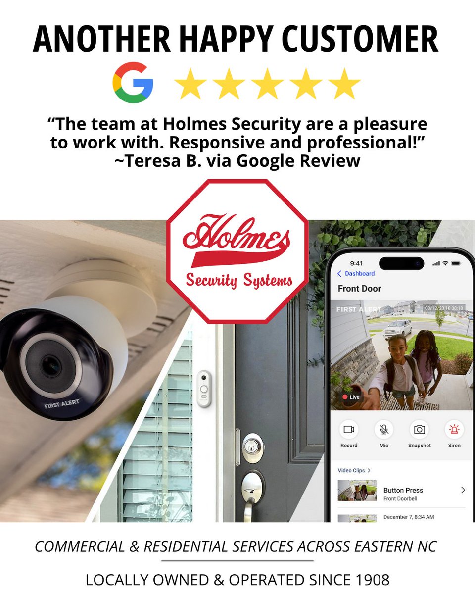 HolmesSecurity's tweet photo. From installation to service, our customers say it best!  Whether it’s your home, business, or family, Holmes Security Systems is here to protect what matters most! Thank you for the 5⭐ reviews and for trusting us since 1908. https://t.co/1UJf1WO0y0
