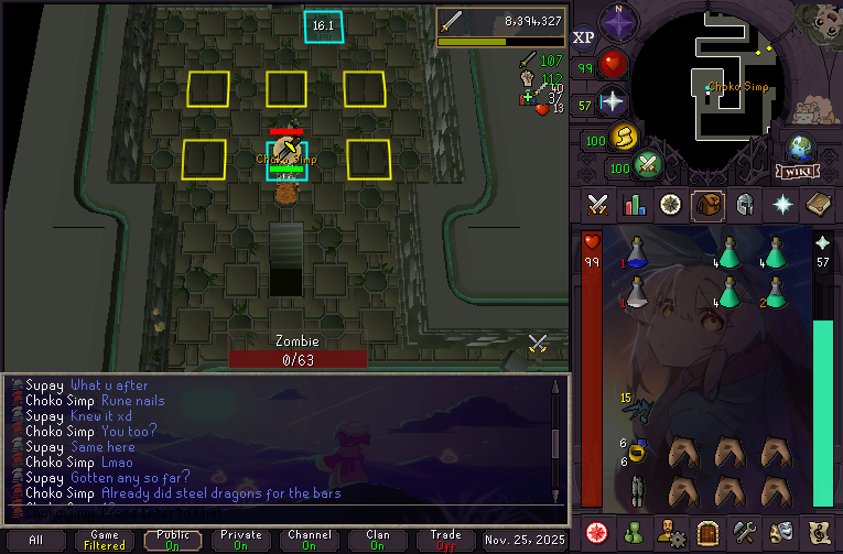 Pyromanimak's tweet image. Just ran into another human being in tarn's lair killing zombies for rune nails to make a salvage hook.  Can't even begin to imagine the odds