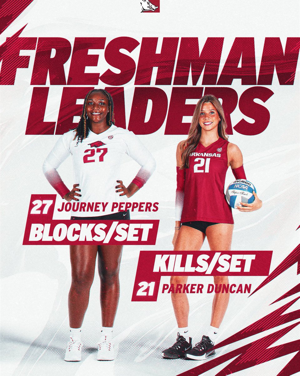 RazorbackVB's tweet image. Strong start for these two 💪 

For the first time since 2009, Arkansas had a pair of true freshmen lead the team in both blocks per set and kills per set!