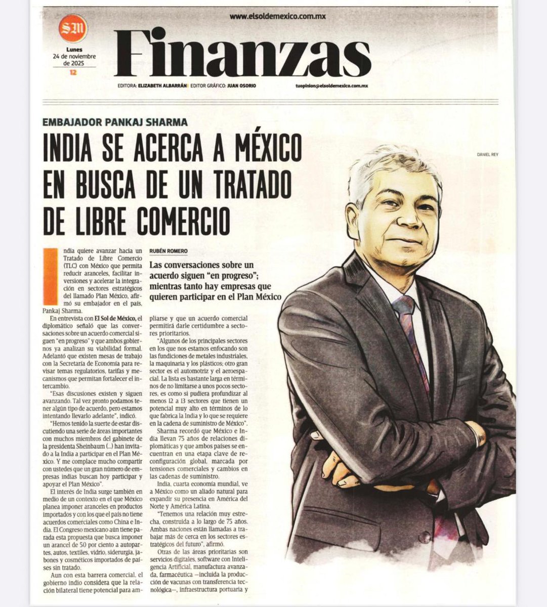 IndEmbMexico's tweet photo. The Embassy of India in Mexico welcomes the feature published in El Sol de México @elsolde_mexico highlighting Ambassador Dr. Pankaj Sharma’s remarks on strengthening India–Mexico economic ties. India remains committed to deepening trade, investment and strategic cooperation with Mexico across key sectors.

Read the full article using the link:

https://t.co/FZ3xCV9wmt