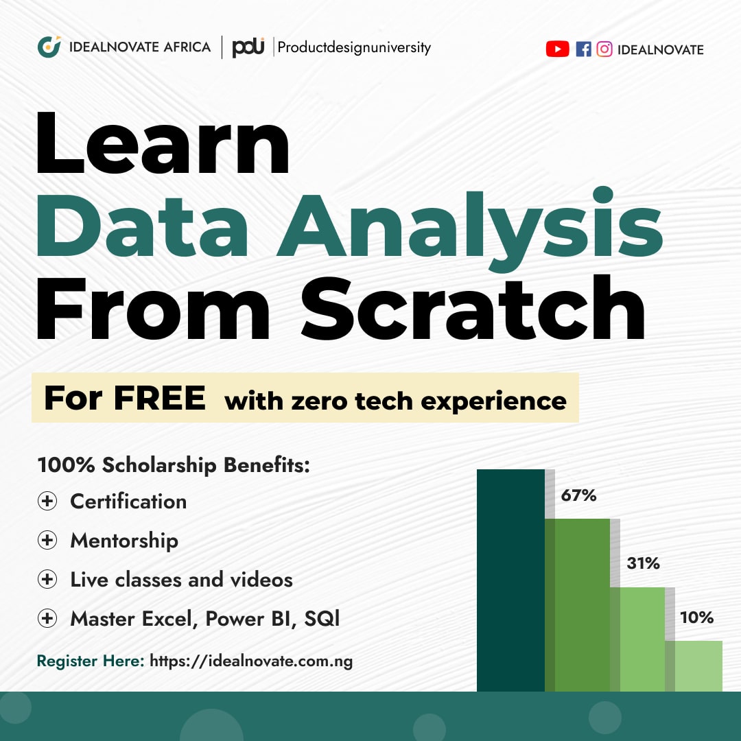 SuuTechh's tweet image. If you are interested in learning Data Analysis for FREE as a total beginner and earning a professional certification on completion, Join the Idealnovate Data School Live Pratical Scholarship Training to become a Data Analyst. Register using the link in comment section below👇